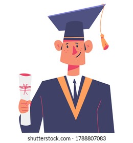 Cute graduate student on cap with diploma vector cartoon character isolated on a white background.