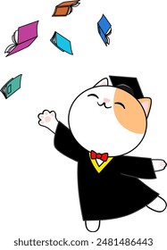 Lindo gato graduado baila felizmente ballet en traje de graduación negro y tira libros hacia arriba, estilo de dibujos animados