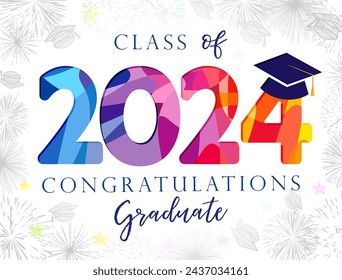 Cute graduating postcard for class of 2024 graduates. Invitation design. Educational festive background and trendy number 2 0 2 4 with academic cap, Handdrawn style elements. Creative typography.