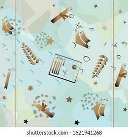 Cute Graduation Background with golden graduation elements and stars on subtle background. Education Theme. Vector Illustration
