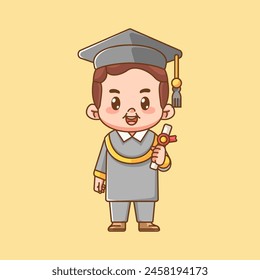 Cute graduation boy hold certificate kawaii chibi character mascot illustration outline style design set