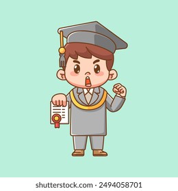 Cute graduation boy shows diploma certificate kawaii chibi character mascot illustration outline style design set