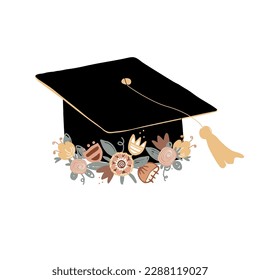 Gorra de graduación suave decorada con flores de doodle. Cartón de Mortero, símbolo de la educación superior y graduación. Ilustración aislada del vector