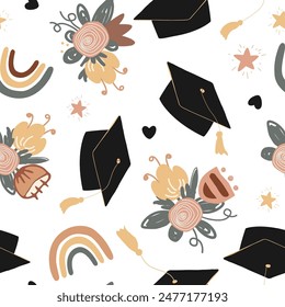 Cute gorras de graduación, arco iris y ramos de flores sin patrón. Mortarboard, educación superior y fondo de doodle de graduación. Ilustración vectorial