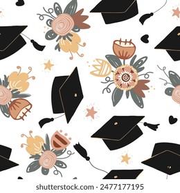 Cute graduation caps, stars, and flower bouquets seamless pattern. Mortarboard, high education and graduation doodle background. Vector illustration