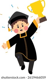 Cute graduation cartoon character, Cute greeting card of graduation cartoon illustration, class of 2025, Cute student graduation cartoon character holding trophy