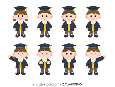 Linda ceremonia de graduación Elementos y Colección de estudiantes. Estilo de dibujos animados Vector plano graduación niños ilustración.