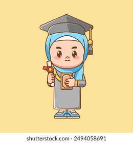 Cute graduation muslim girl kawaii chibi character mascot illustration outline style design set