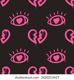 Cute graffiti clip art. Urban street style. Eye with heart seamless pattern. Valentine day elements. Pink print on black background. Y2k love sign. Splash effects and drops. Grunge and spray texture.