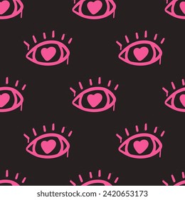 Cute graffiti clip art. Urban street style. Freak eye seamless pattern. Valentine's day elements. Pink print on black background. Y2k love sign. Splash effects and drops. Grunge and spray texture.