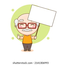 Cute grand father showing thumb up with empty board cartoon character