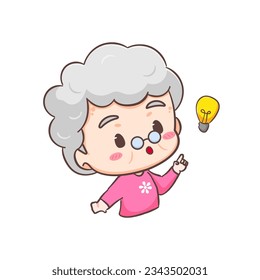 Cute Grand mother show idea with light bulb sign cartoon character. People expression concept design. Isolated background. Vector art illustration.