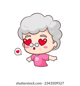 Cute Grand mother show love and kiss pose cartoon character. People expression concept design. Isolated background. Vector art illustration.
