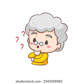 Cute Grand mother thinking of idea cartoon character. People expression concept design. Isolated background. Vector art illustration.