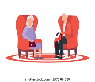 cute grand parents seated in sofas avatars characters vector illustration design