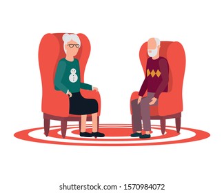 cute grand parents seated in sofas avatars characters vector illustration design