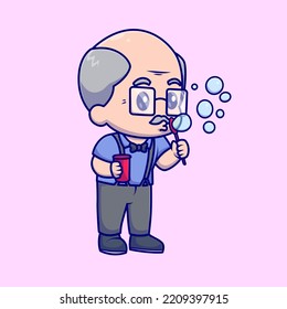 Cute Grandfather Blowing Bubble Cartoon Vector Icon Illustration. People Nature Icon Concept Isolated Premium Vector. Flat Cartoon Style