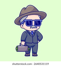 Cute Grandfather Business Holding Money Bag Cartoon Vector Icon Illustration. People Business Icon Concept Isolated Premium Vector. Flat Cartoon Style