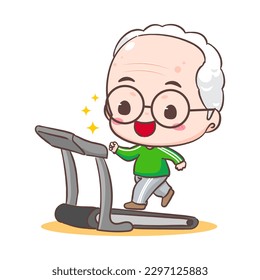 Cute grandfather Cartoon Character. Grandpa running on treadmill. Sport Concept design. Isolated white background. Vector art illustration