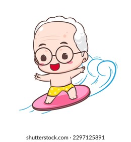 Cute grandfather cartoon character. Grandpa surfing on the wave. Summer holiday concept design. Isolated white background. Vector art illustration