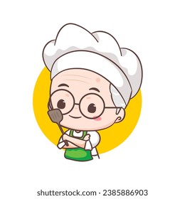 Cute grandfather chef cartoon. Grandpa cooking logo vector art. People Food Icon Concept. restaurant and homemade culinary logo