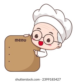 Cute grandfather chef pointing menu board cartoon. Grandpa cooking logo vector art. People Food Icon Concept. restaurant and homemade culinary logo