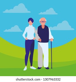 cute grandfather with daughter characters