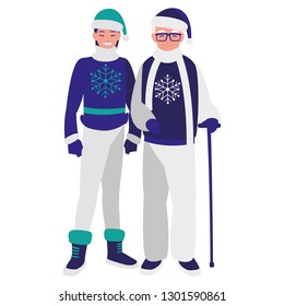 cute grandfather and daughter with winter clothes