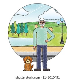 cute grandfather with dog mascot in landscape