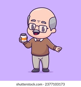 Cute Grandfather Drink Coffee Cartoon Vector Icon Illustration. People Drink Icon Concept Isolated Premium Vector. Flat Cartoon Style