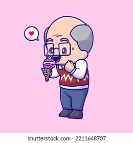 Cute Grandfather Eating Ice Cream Cone Cartoon Vector Icon Illustration. People Food Icon Concept Isolated Premium Vector. Flat Cartoon Style