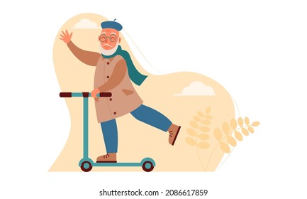 A cute grandfather in glasses and a coat rides a scooter and enjoys. The concept of using modern transport by older people, hobby for modern technologies. Vector illustration.