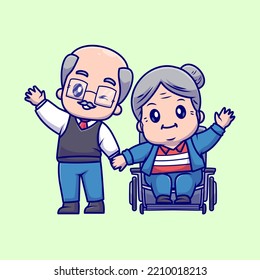 Cute Grandfather and grandmother Couple on Wheelchair Cartoon Vector Icon Illustration. People Love Concept Isolated Premium Vector. Flat Cartoon Style