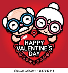 cute grandfather and grandmother hugging a heart with happy valentine's day greetings