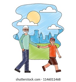 cute grandfather with grandson in landscape