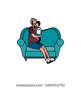 cute grandfather with grandson in the sofa