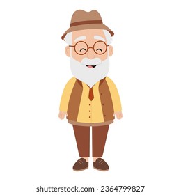 Cute grandfather in hat and glasses. Elderly man with mustache and beard in full length. Old man standing. Vector flat illustration isolated on white background