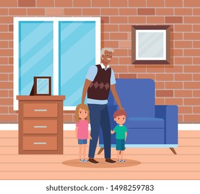 cute grandfather with his granddaughter and grandson with hairstyle
