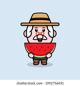 cute grandfather holding watermelon cartoon illustration