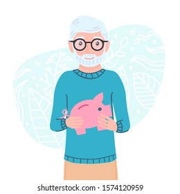 Cute grandfather holds piggy bank in his hands. Male pensioner personage makes an investment. Aged, elderly man cash savings. Old people Isolated concept vector illustration in cartoon flat style