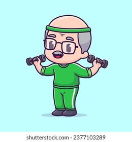 Cute Grandfather Lifting Dumbbell Cartoon Vector Icon Illustration. People Sport Icon Concept Isolated Premium Vector. Flat Cartoon Style
