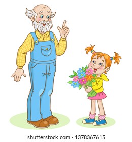 Cute grandfather and little girl with a bouquet of flowers in her hands. In cartoon style. Isolated on white background. Vector illustration.