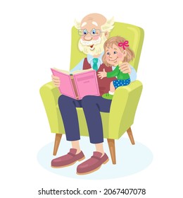Cute grandfather and little granddaughter are reading a book while sitting on an armchair. In cartoon style. Isolated on white background. Vector flat illustration.