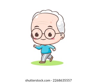 Cute grandfather or old man cartoon character. Grandpa jogging or running. Kawaii chibi hand drawn style. Adorable mascot vector illustration.