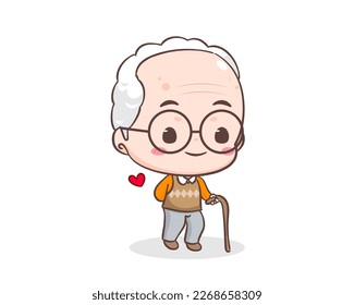 Cute grandfather or old man cartoon character. Grandpa holding cane. Kawaii chibi hand drawn style. Adorable mascot vector illustration. People Family Concept design