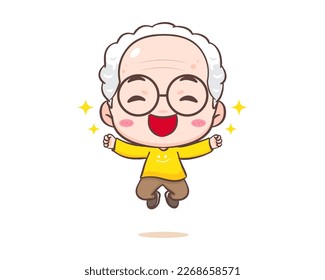 Cute grandfather or old man cartoon character. Happy Grandpa jumping. Kawaii chibi hand drawn style. Adorable mascot vector illustration. People Family Concept design