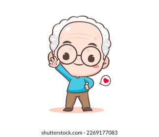 Cute grandfather or old man cartoon character. Grandpa greeting pose say hello. Kawaii chibi hand drawn style. Adorable mascot vector illustration. People Family Concept design