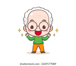 Cute grandfather or old man cartoon character. Strong Grandpa with stars around. Kawaii chibi hand drawn style. Adorable mascot vector illustration. People Family Concept design