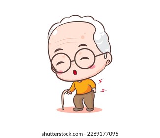 Cute grandfather or old man cartoon character. Grandpa feel hurt on the back. Kawaii chibi hand drawn style. Adorable mascot vector illustration. People Family Concept design
