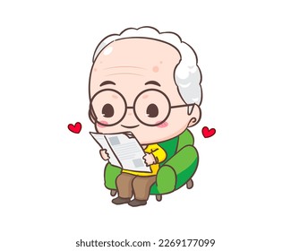 Cute grandfather or old man cartoon character. Grandpa sit on sofa reading newspaper. Kawaii chibi hand drawn style. Adorable mascot vector illustration. People Family Concept design